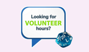 Speech bubble that says looking for teen volunteer hours?