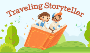 drawn boy and girl flying on a book through a park