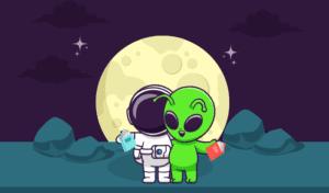 Astronaut and alien characters holding books in space