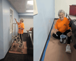 side by side of jeanne painting the walls and smiling